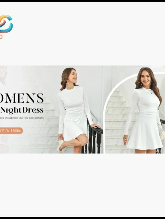 Long Sleeve Cocktail Dress Mock Neck Ruched Waist Mini Formal Party - Picture 7 of 7